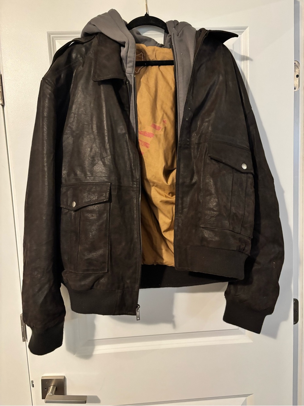 Men's Dark Brown Leather Bomber Jacket with Hooded Liner